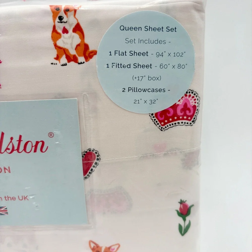 Cath Kidston Royal Ditsy Ruby Queen Sheet Set Corgi Crowns Bows Roses New‎